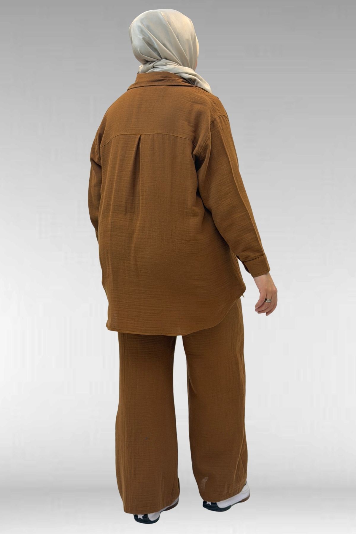 67038 Büyük Beden Erkek Yakalı Müslin Pantolonlu Takım - Kahve