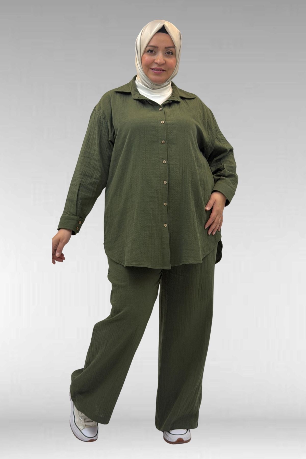 67038 Büyük Beden Erkek Yakalı Müslin Pantolonlu Takım - Haki