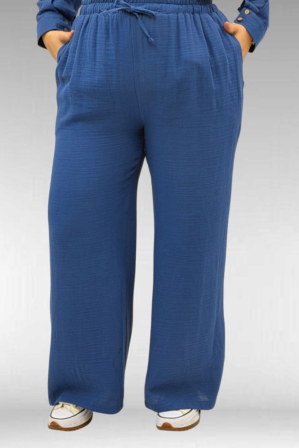 67038 Büyük Beden Erkek Yakalı Müslin Pantolonlu Takım - İndigo