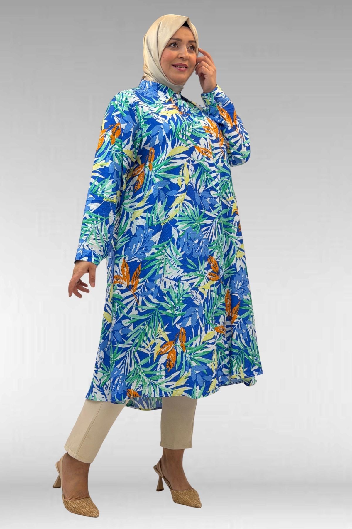 68015 Büyük Beden Mevlana Kesim Mango Gömlek - Desenli Saks