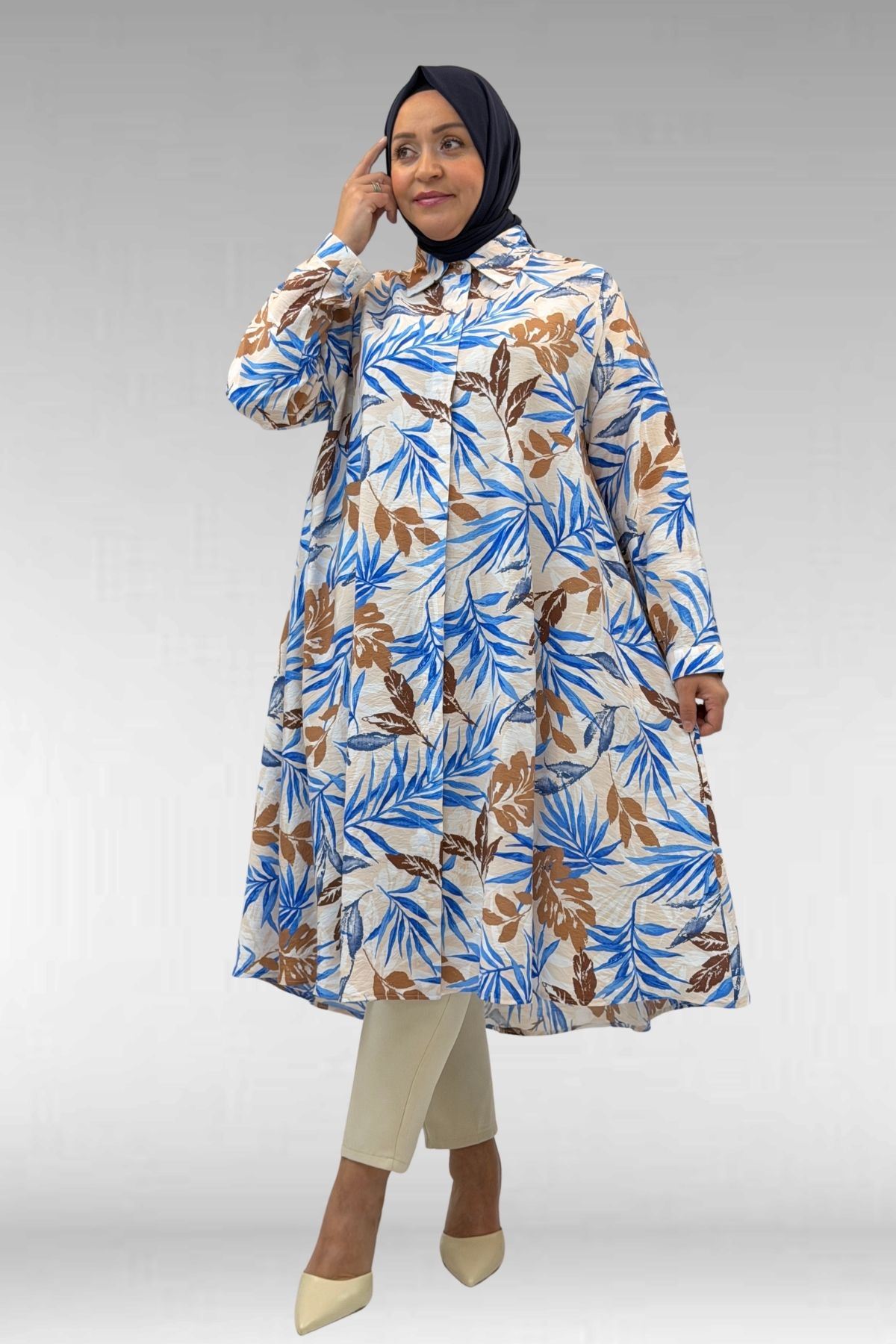 68015 Büyük Beden Mevlana Kesim Mango Gömlek - Yaprak Desen Vizon