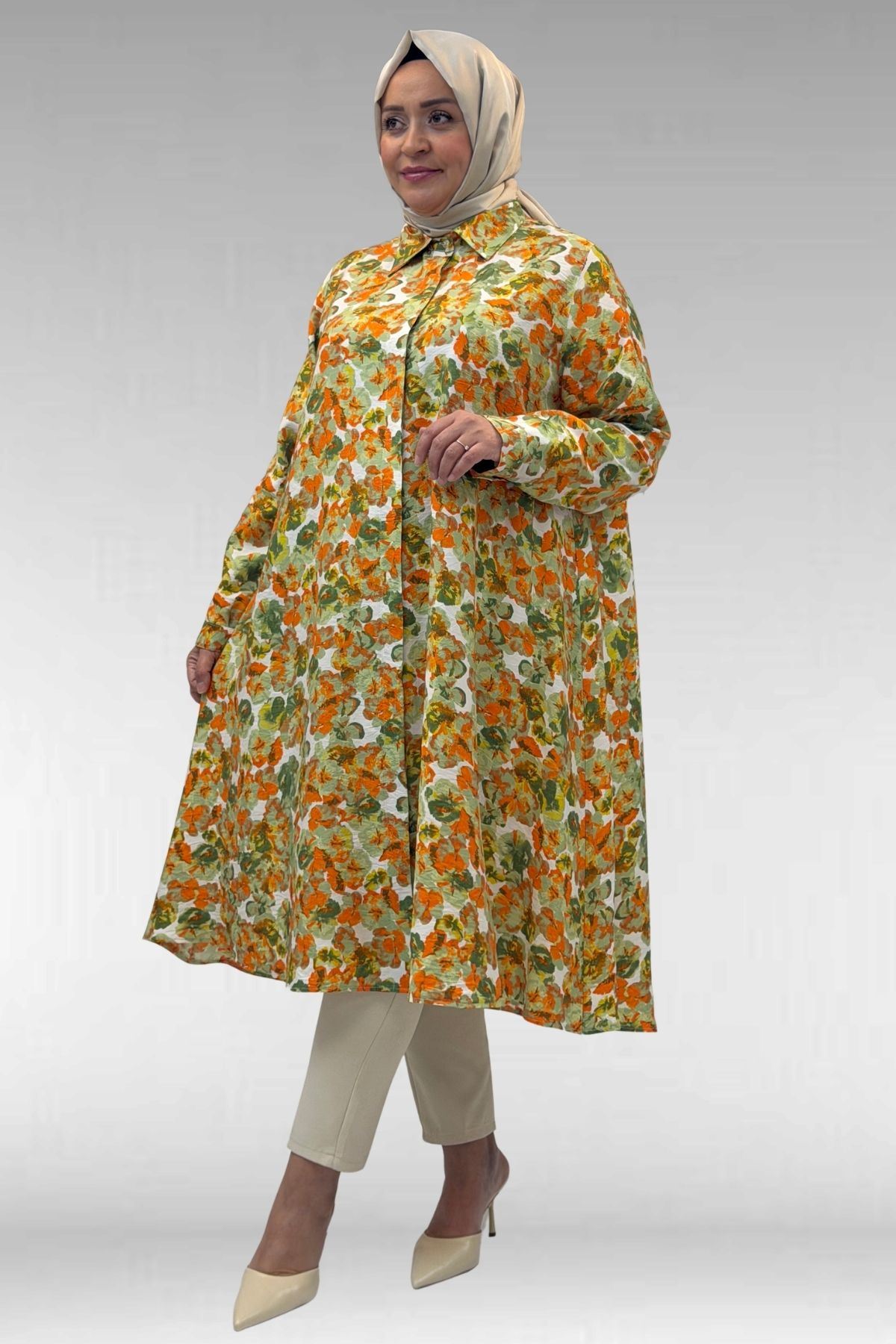 68015 Büyük Beden Mevlana Kesim Mango Gömlek - Çiçek Desen Yeşil