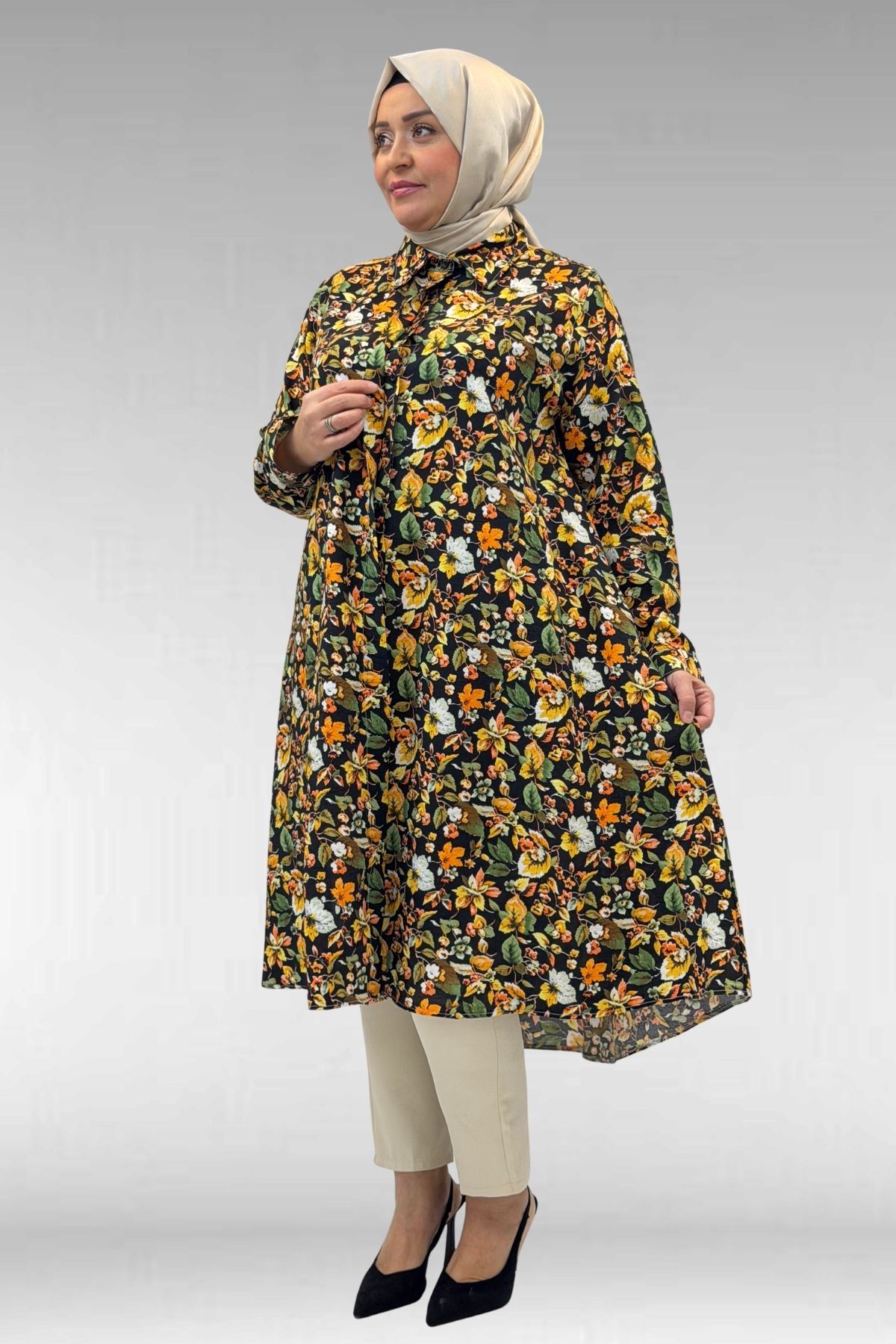 68015 Büyük Beden Mevlana Kesim Mango Gömlek - Desenli Siyah