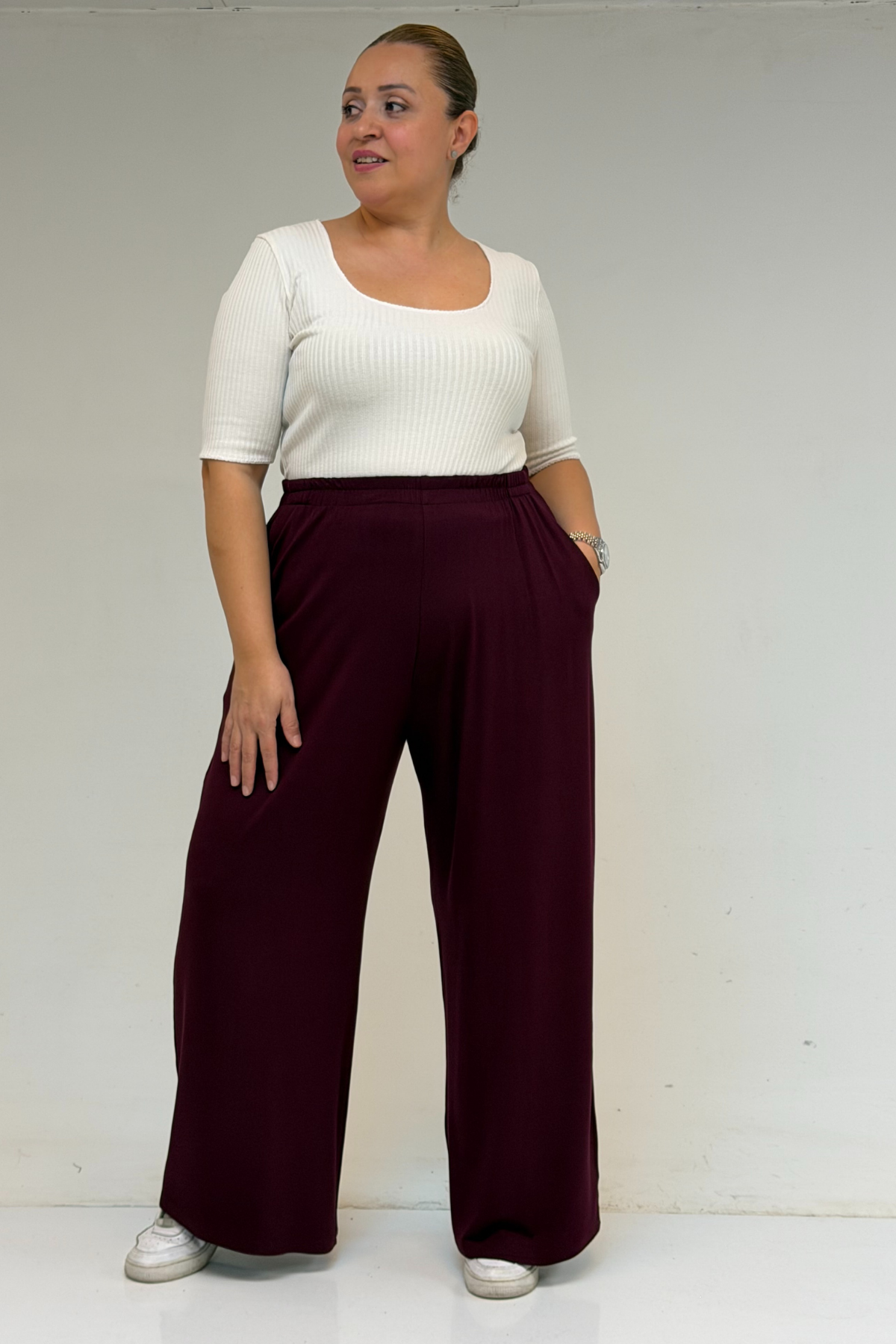 9160 بنطلون مقاس كبير بخصر مرتفع و مرن- قرميدي 