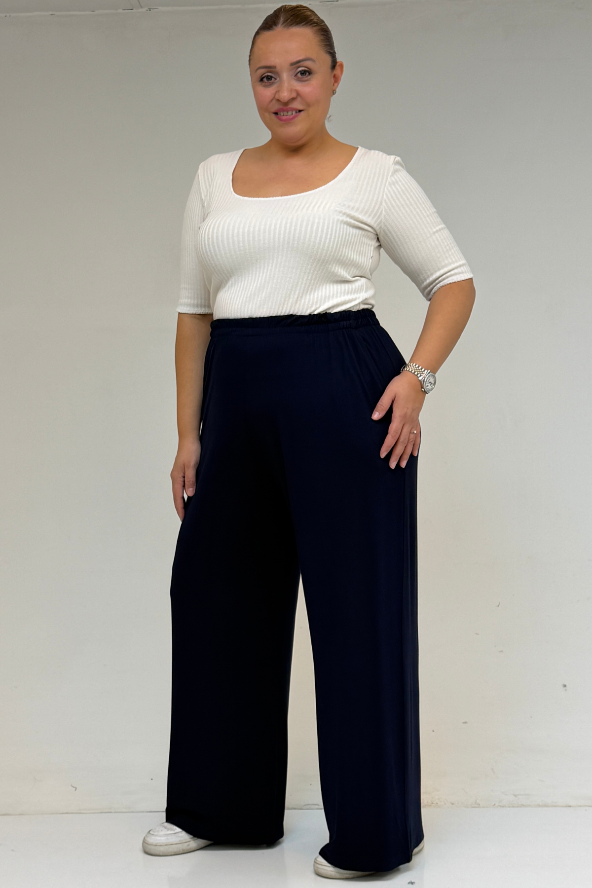 9160 بنطلون مقاس كبير بخصر مرتفع و مرن- قرميدي 