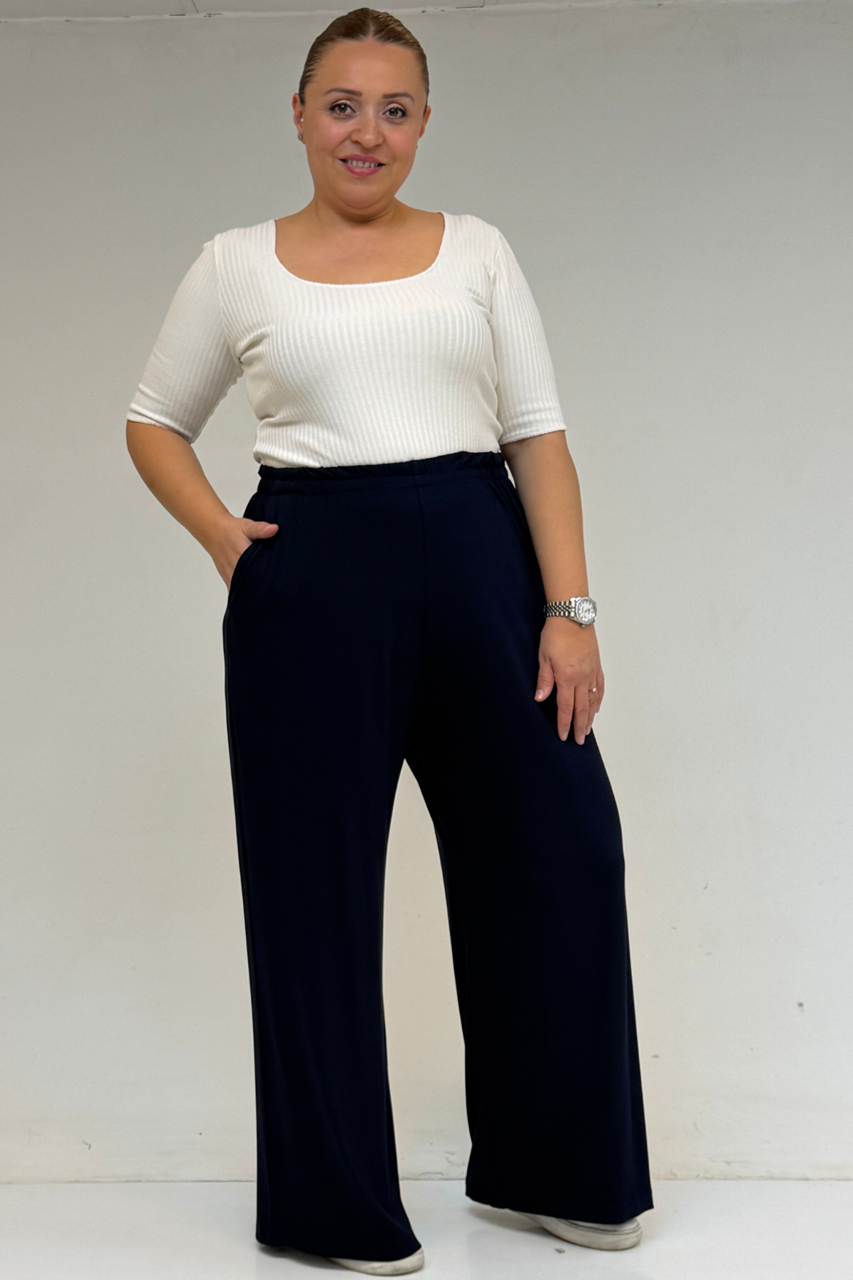 9160 بنطلون مقاس كبير بخصر مرتفع و مرن- قرميدي 