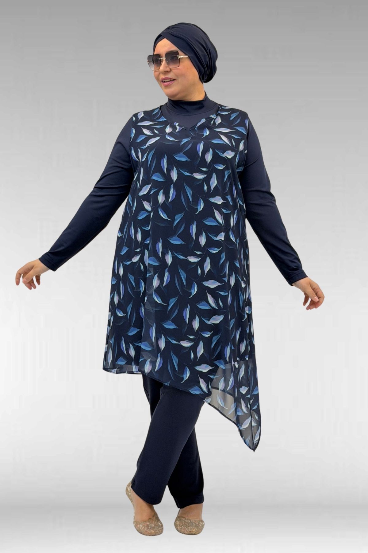 1723 Büyük Beden Uzunkol Şifon Pareolu Tesettür Mayo - Yaprak Desenli Lacivert