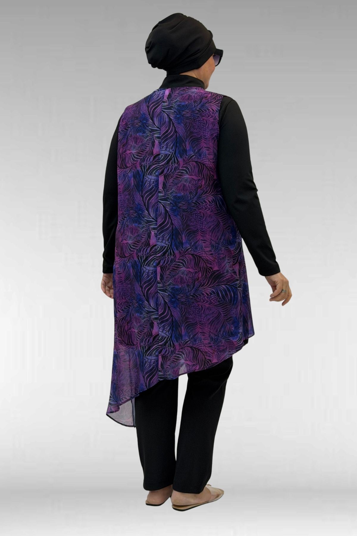 1723 Büyük Beden Uzunkol Şifon Pareolu Tesettür Mayo - Yaprak Desen Mor-Siyah