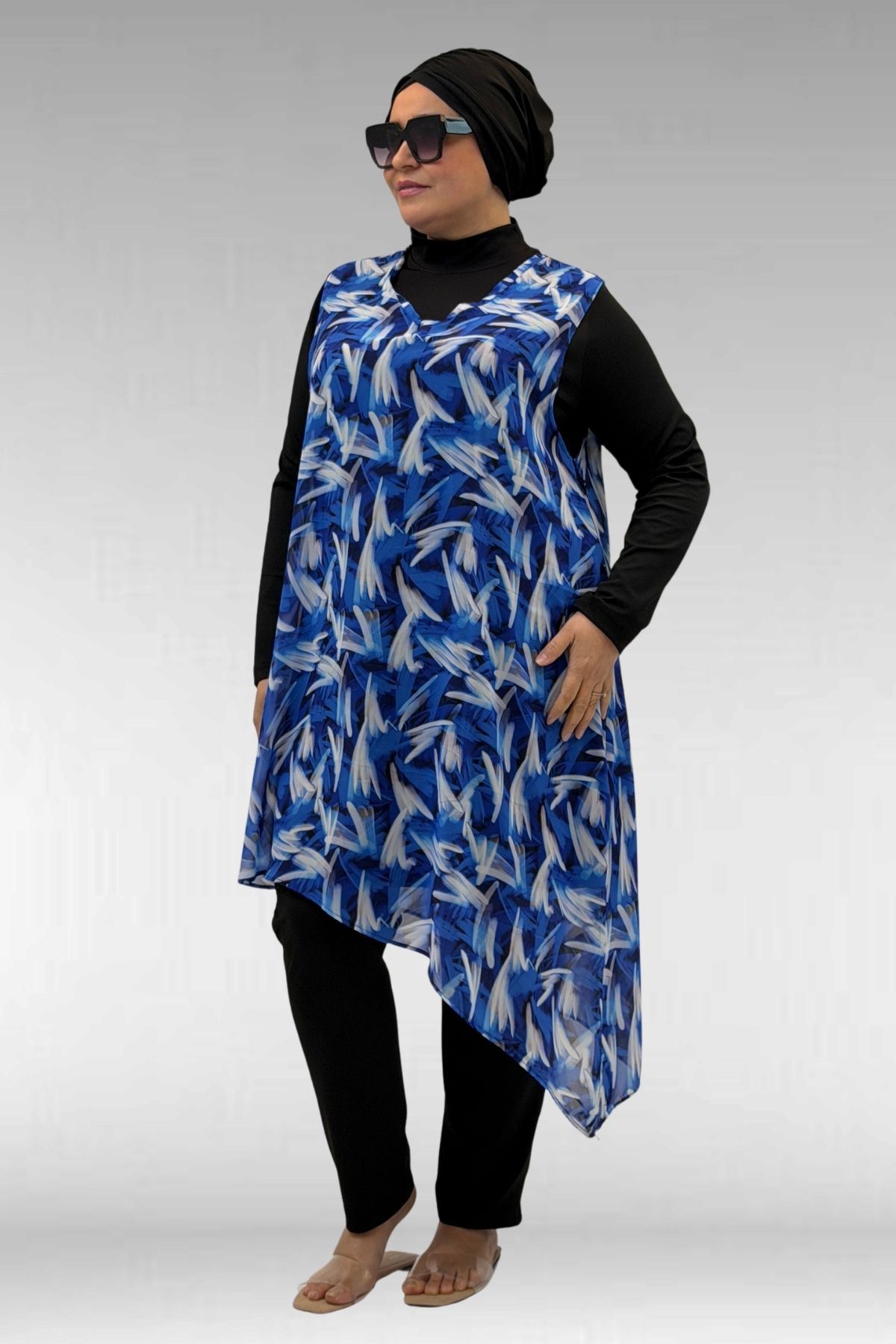 1723 Büyük Beden Uzunkol Şifon Pareolu Tesettür Mayo - Fırça Desen Saks-Siyah