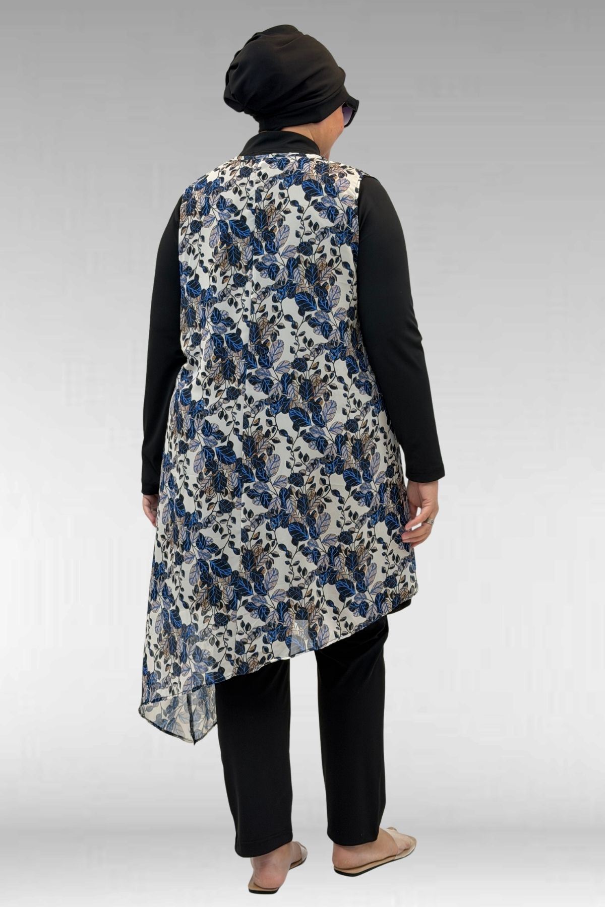 1723 Büyük Beden Uzunkol Şifon Pareolu Tesettür Mayo - Yaprak Desen Mavi