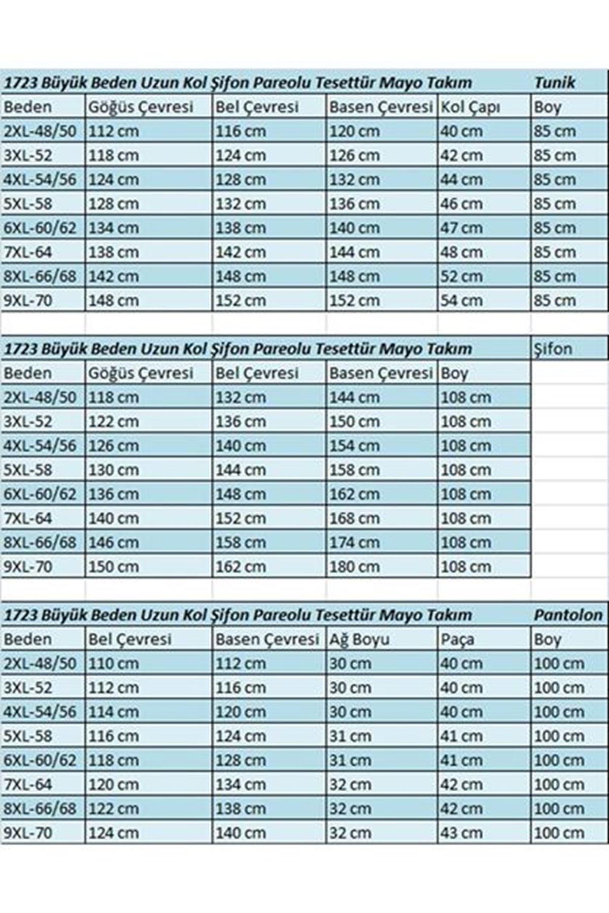 1723 Büyük Beden Uzunkol Şifon Pareolu Tesettür Mayo - Göz Desen İndigo-İndigo