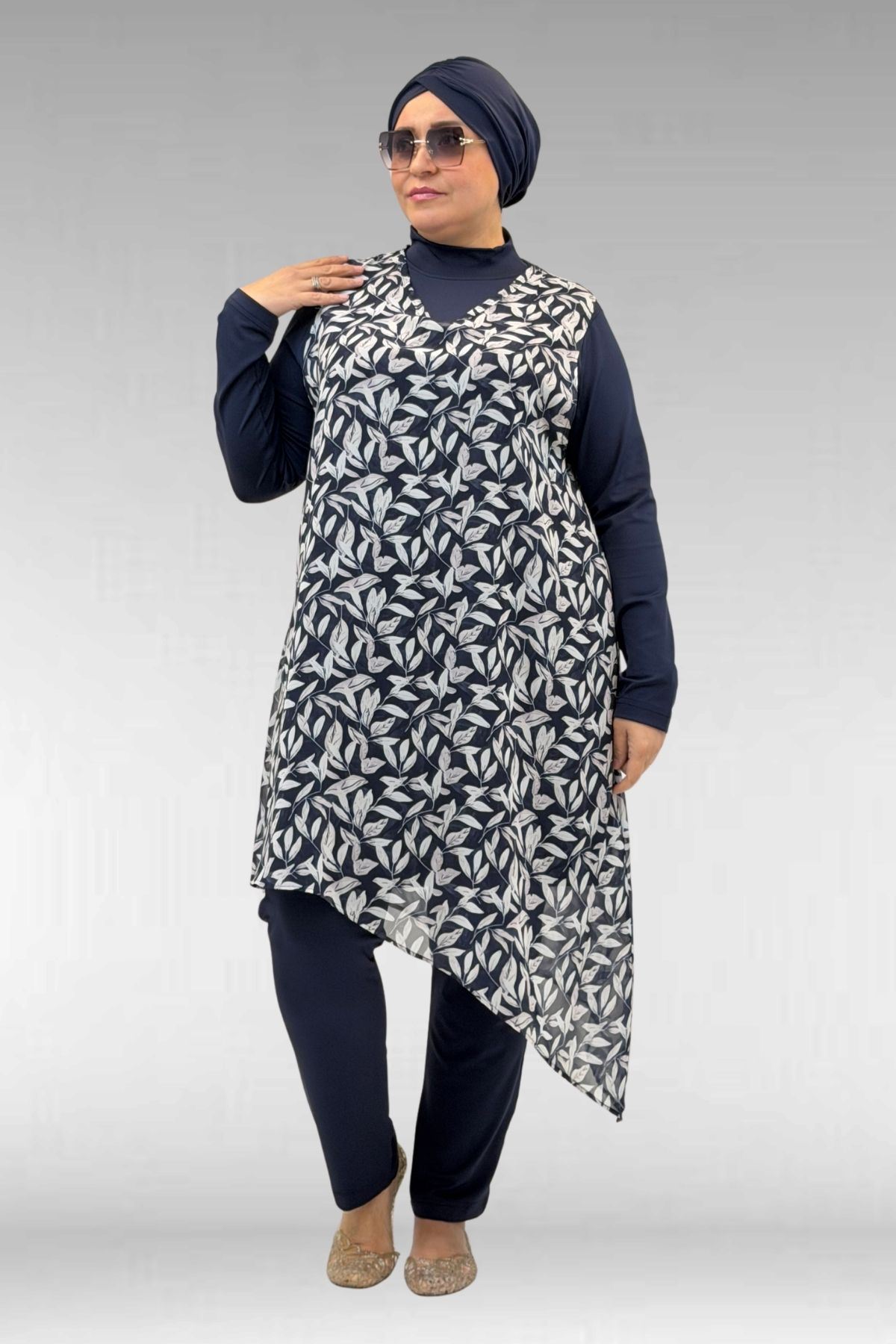 1723 Büyük Beden Uzunkol Şifon Pareolu Tesettür Mayo - Yaprak Desen Ekru-Laci