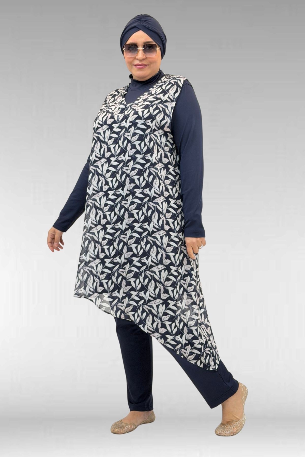 1723 Büyük Beden Uzunkol Şifon Pareolu Tesettür Mayo - Yaprak Desen Ekru-Laci