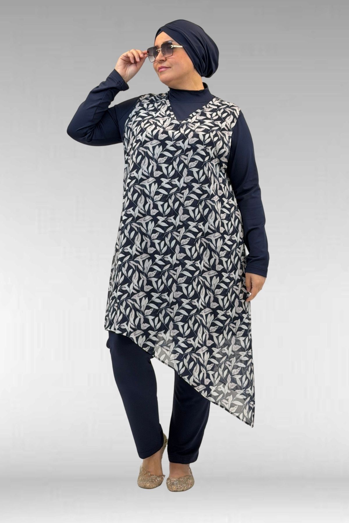 1723 Büyük Beden Uzunkol Şifon Pareolu Tesettür Mayo - Yaprak Desen Ekru-Laci