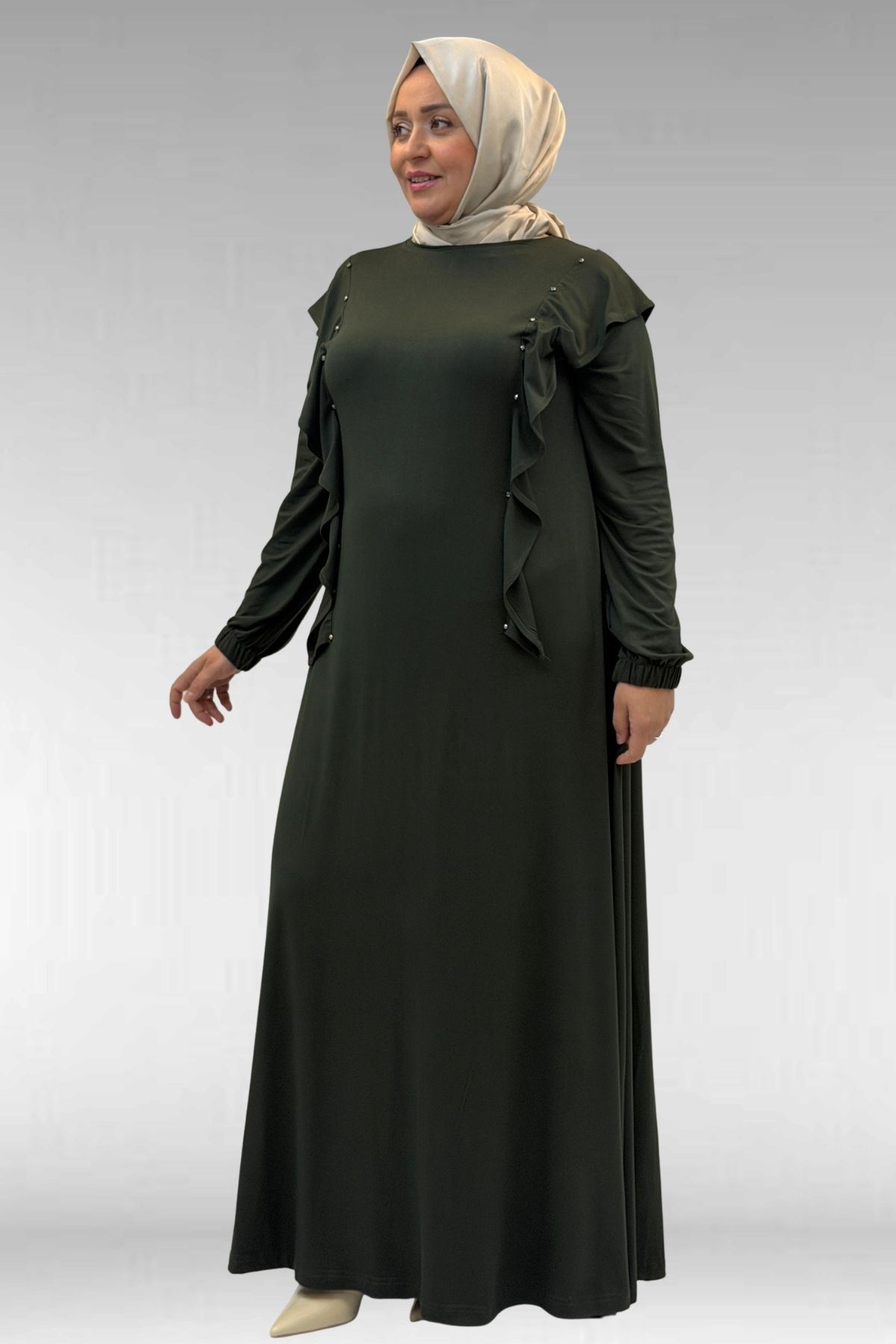 62003 Büyük Beden Omuzdan Aşağı Fırfır Detaylı Penye Elbise - Haki