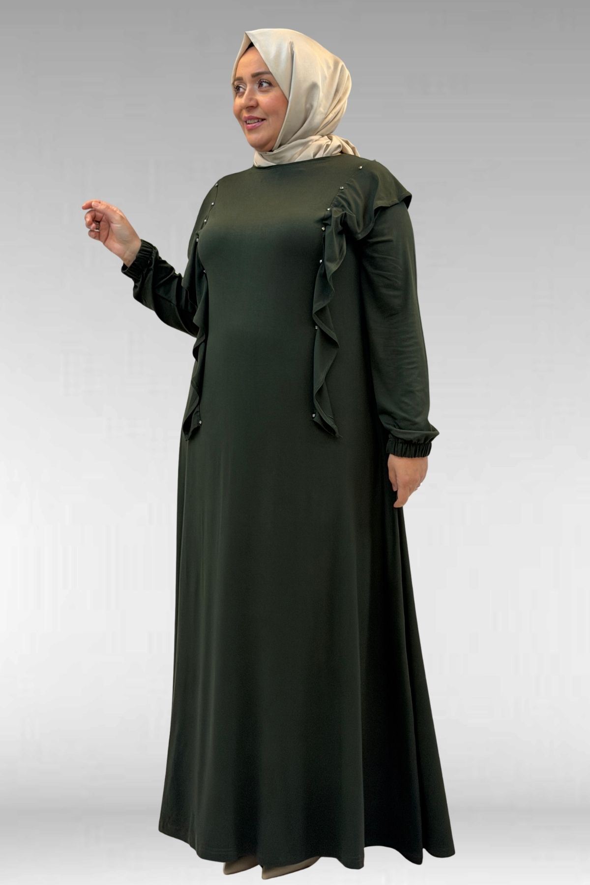 62003 Büyük Beden Omuzdan Aşağı Fırfır Detaylı Penye Elbise - Haki