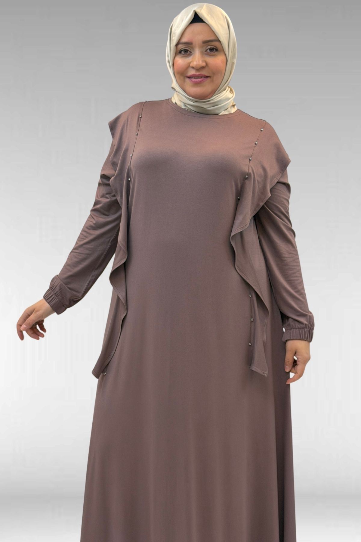 62003 Büyük Beden Omuzdan Aşağı Fırfır Detaylı Penye Elbise - Vizon