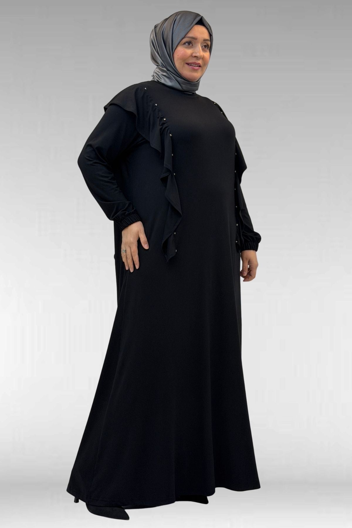 62003 Büyük Beden Omuzdan Aşağı Fırfır Detaylı Penye Elbise - Siyah