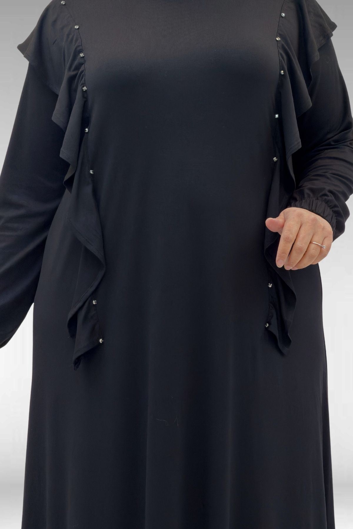 62003 Büyük Beden Omuzdan Aşağı Fırfır Detaylı Penye Elbise - Siyah