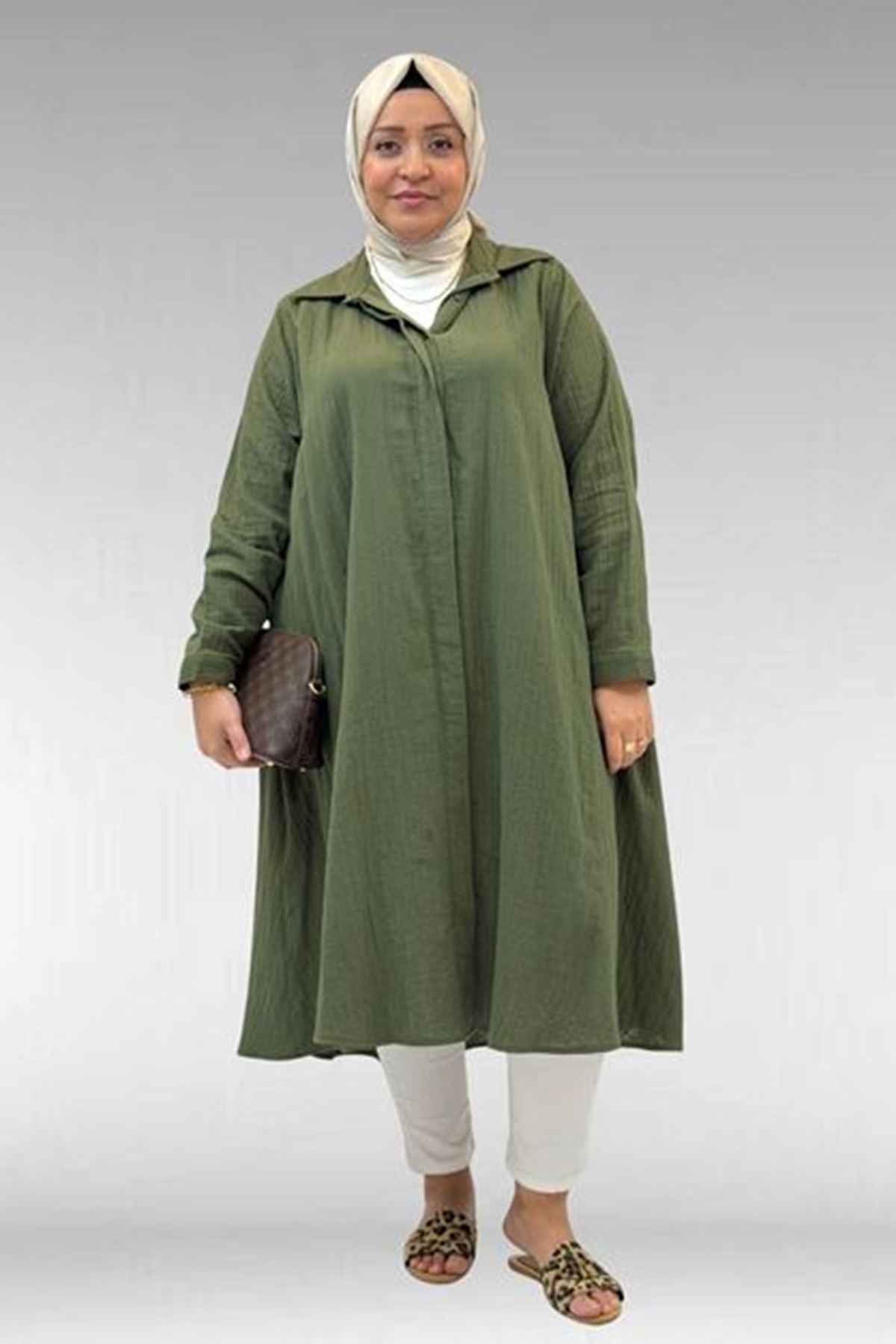 D-58093 Büyük Beden Mevlana Kesim Müslin Gömlek - Haki