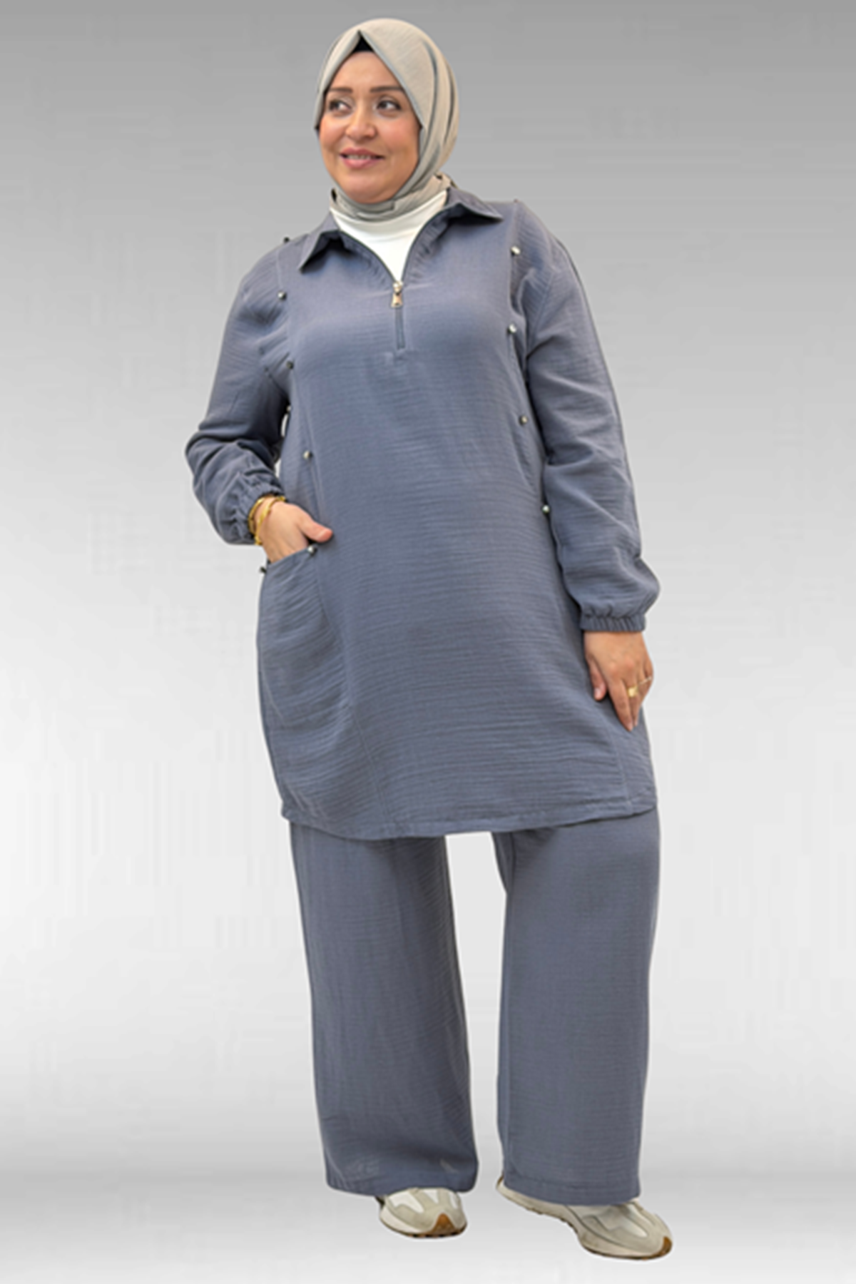 D-67020 Büyük Beden Yarım Fermuarlı Erkek Yakalı Müslin Pantolonlu Takım - Antrasit