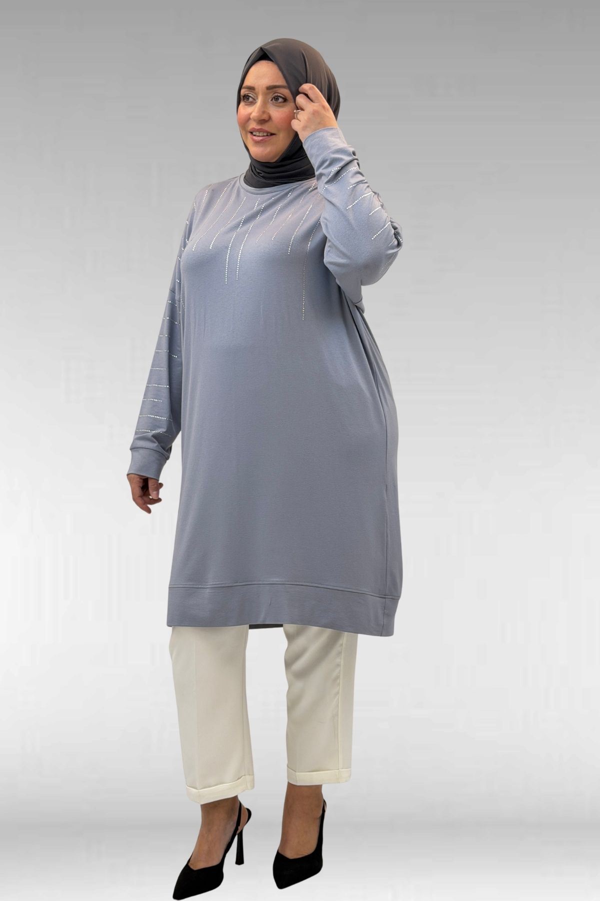 68020 Büyük Beden Damla Taş Detaylı Penye Tunik - Gri