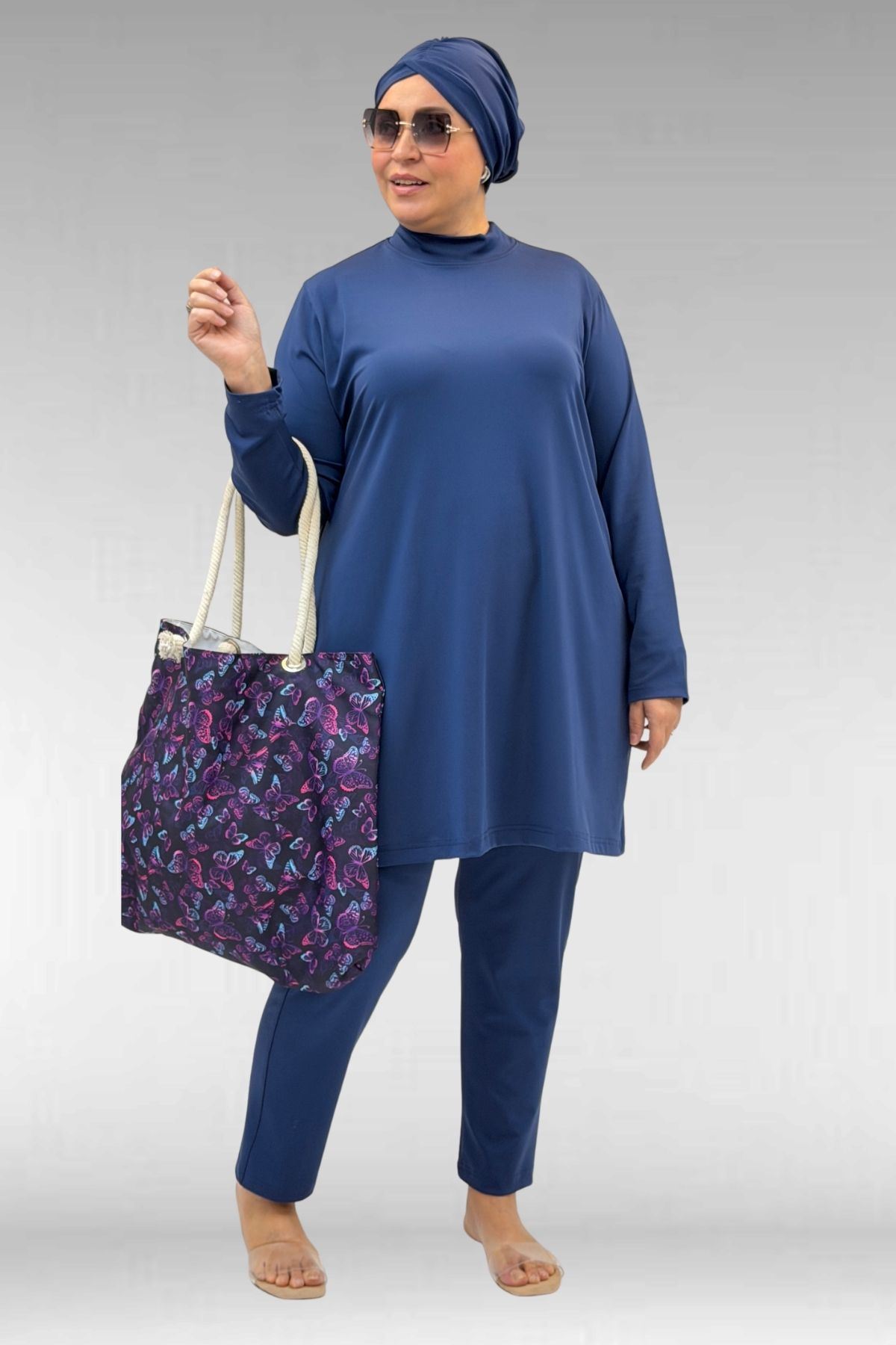 1740 Büyük Beden Düz Renk Tesettür Mayo - İndigo