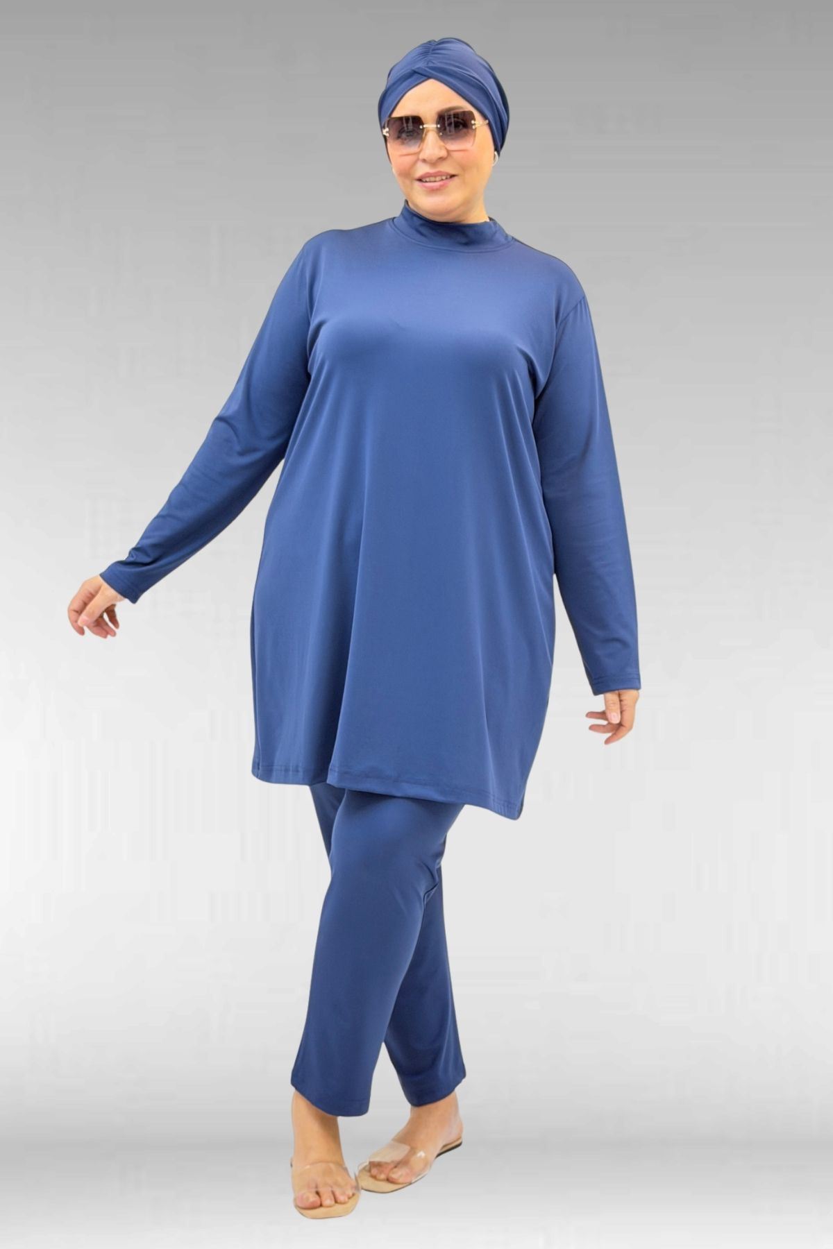 1740 Büyük Beden Düz Renk Tesettür Mayo - İndigo