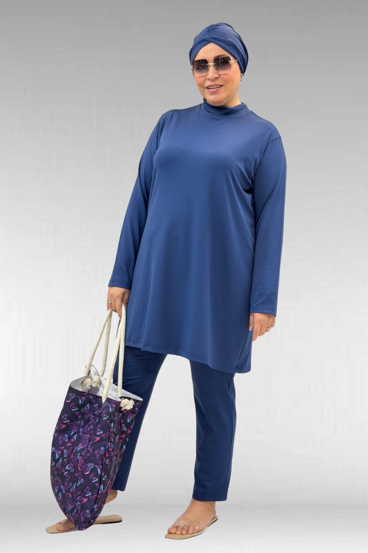 1740 Büyük Beden Düz Renk Tesettür Mayo - İndigo