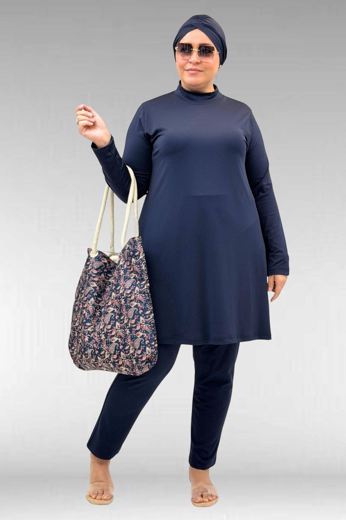 1738 Büyük Beden Düz Renk Tesettür Mayo - Lacivert