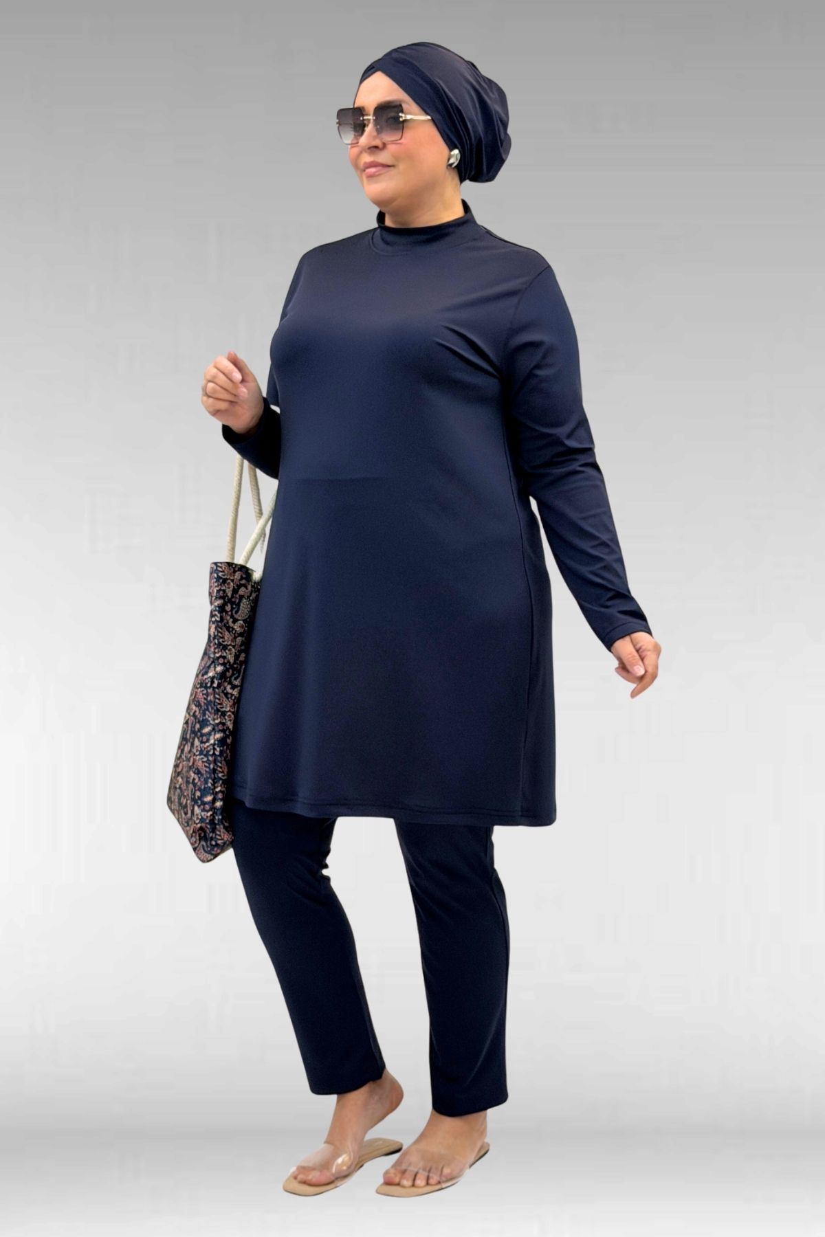 1738 Büyük Beden Düz Renk Tesettür Mayo - Lacivert