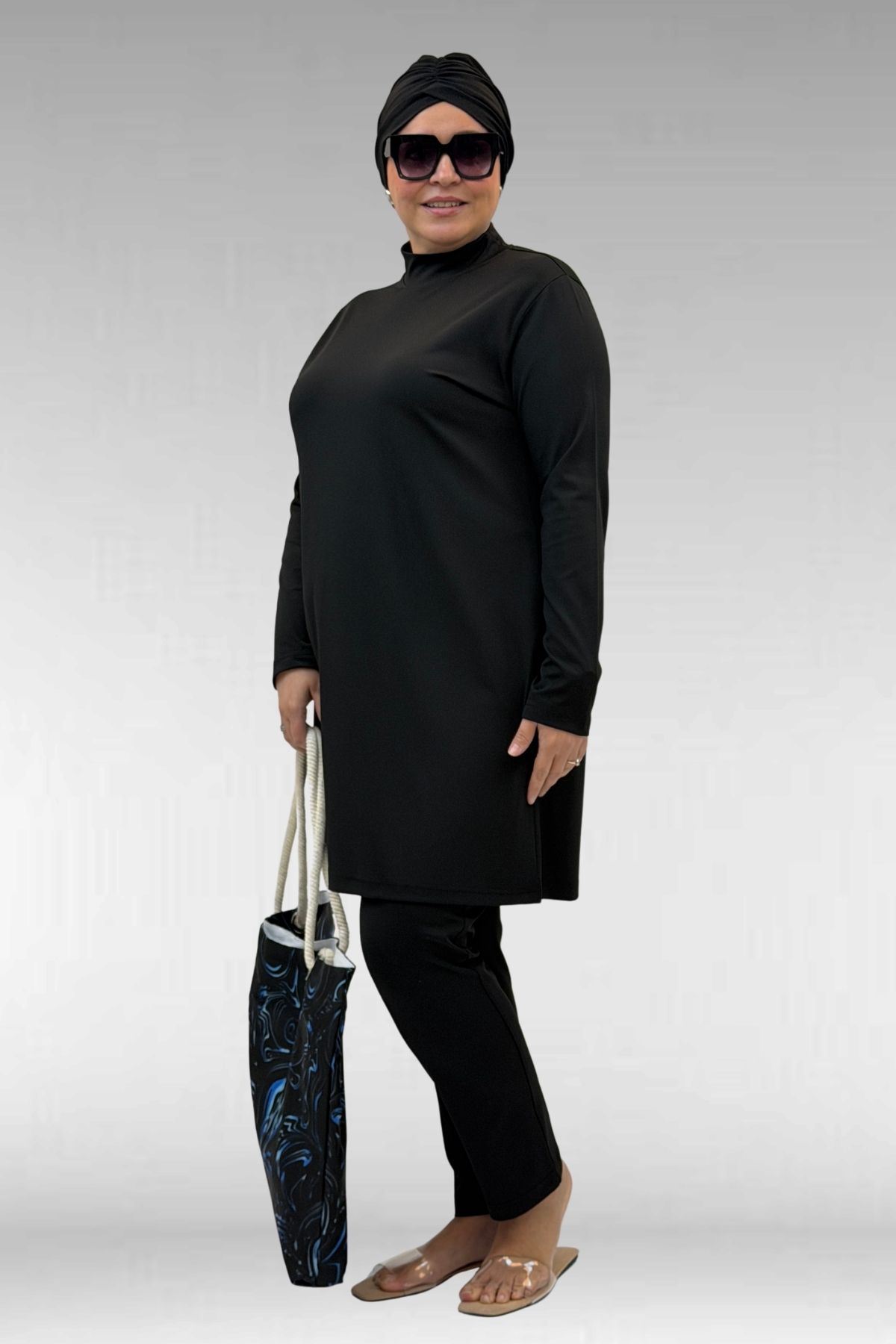 1740 Büyük Beden Düz Renk Tesettür Mayo - Siyah