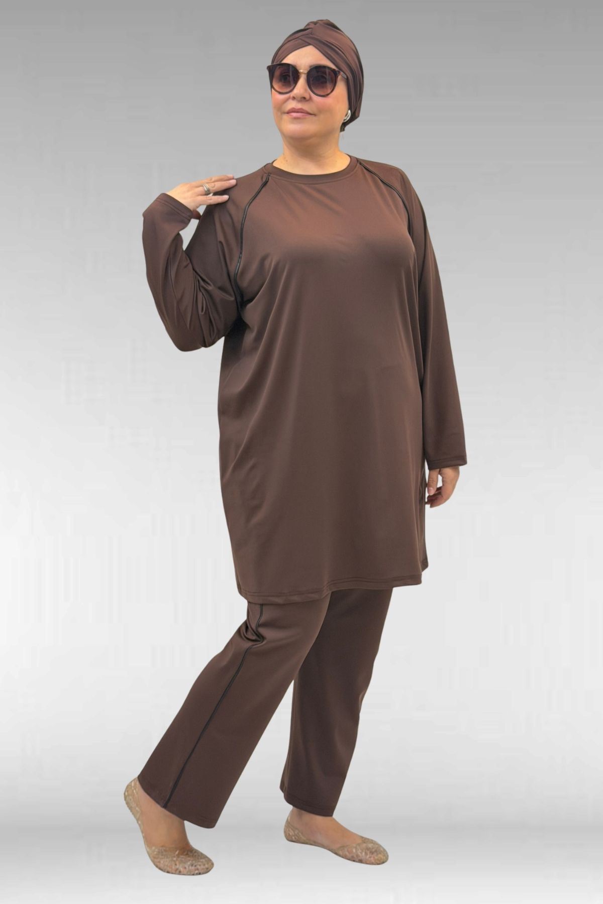 1741 Büyük Beden Kıstırma Biyeli Tesettür Mayo - Kahve