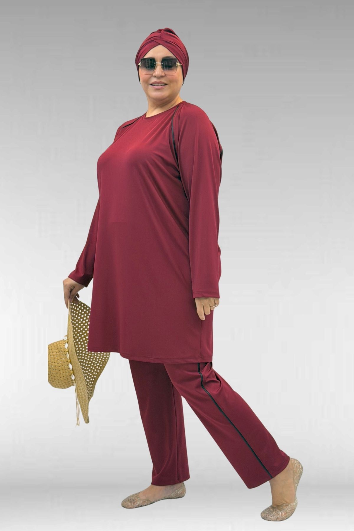 1741 Büyük Beden Kıstırma Biyeli Tesettür Mayo - Bordo