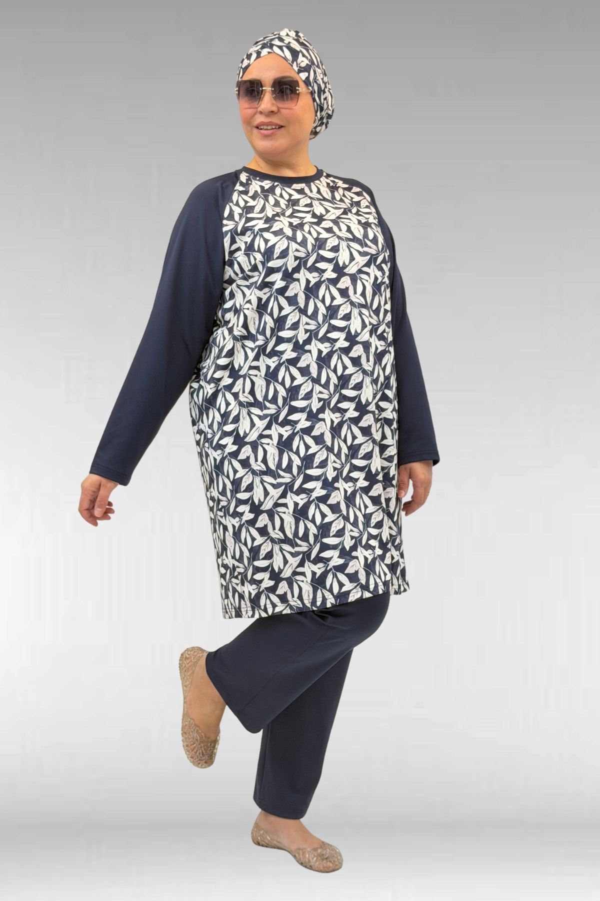 1742 Büyük Beden Uzunkol Tesettür Mayo Takım - Yaprak Desen Ekru