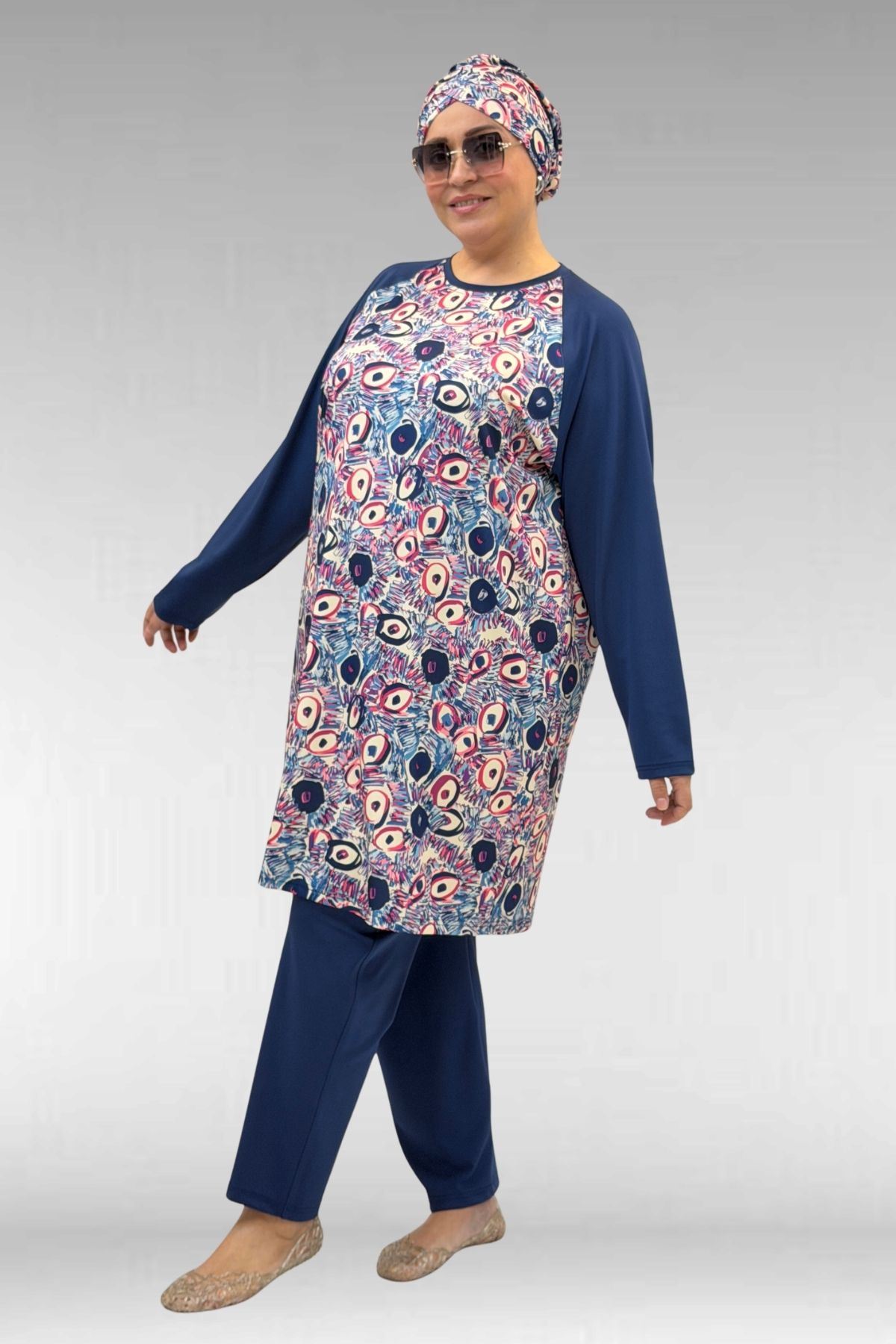 1742 Büyük Beden Uzunkol Tesettür Mayo Takım - Göz Desen İndigo