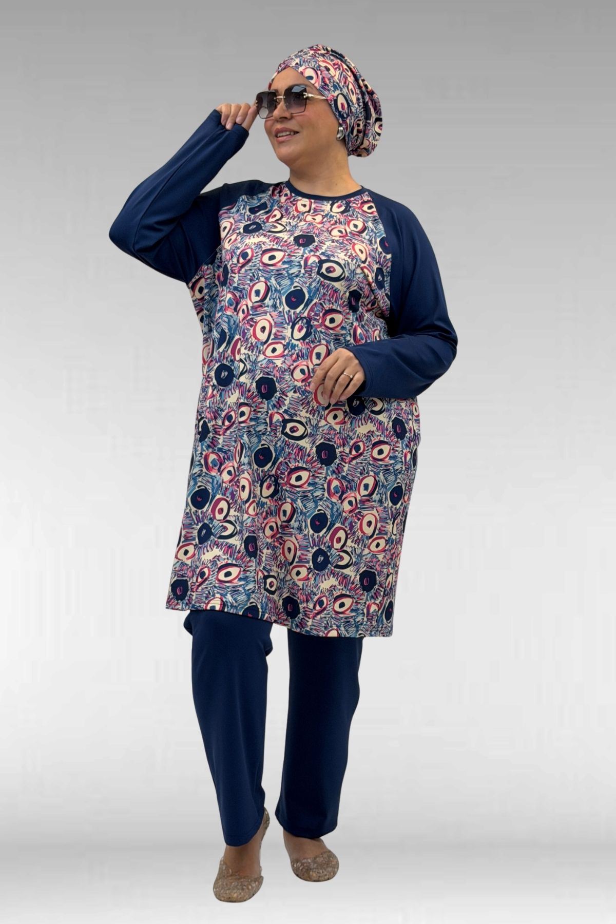 1742 Büyük Beden Uzunkol Tesettür Mayo Takım - Göz Desen İndigo