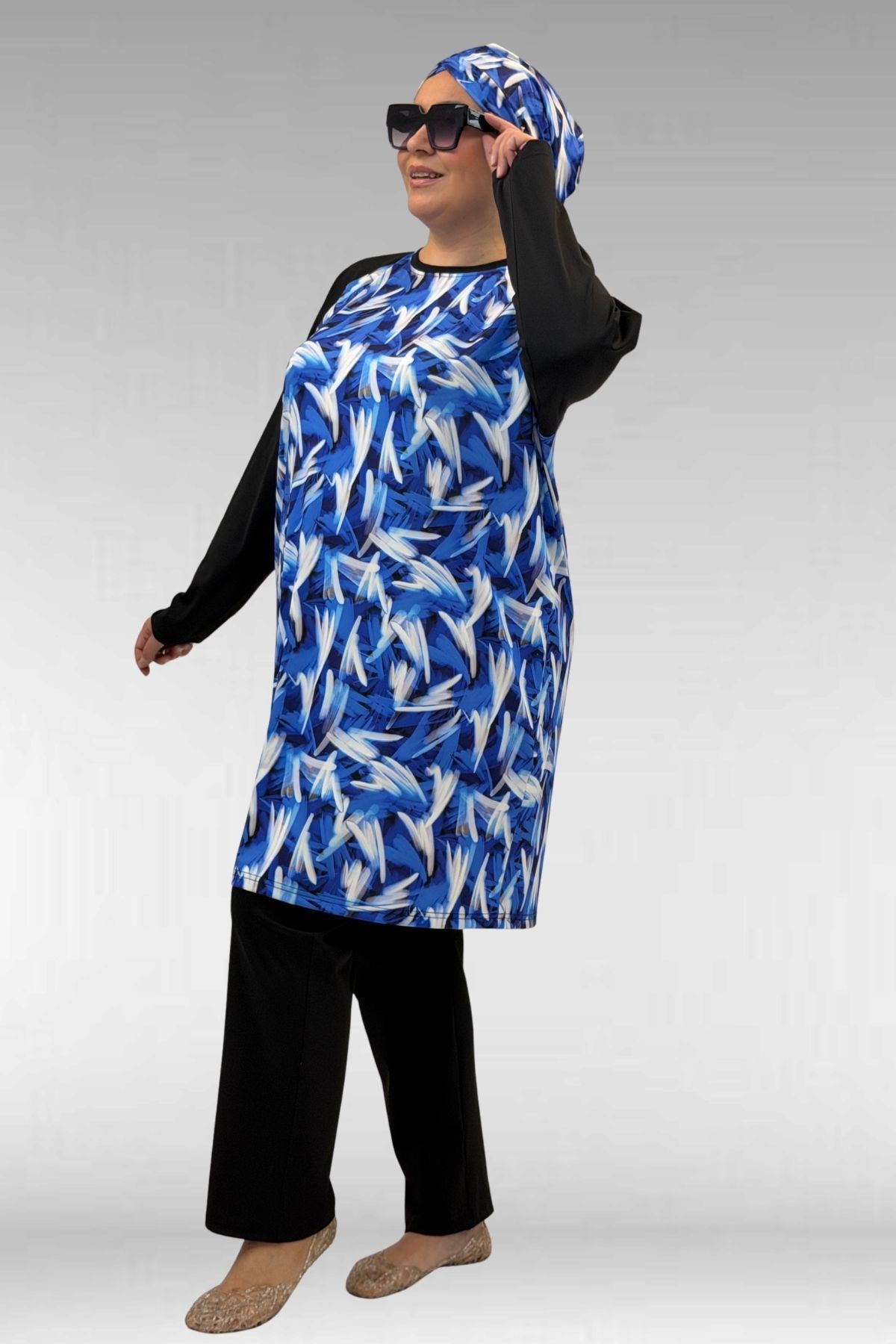 1742 Büyük Beden Uzunkol Tesettür Mayo Takım - Fırça Desen Saks
