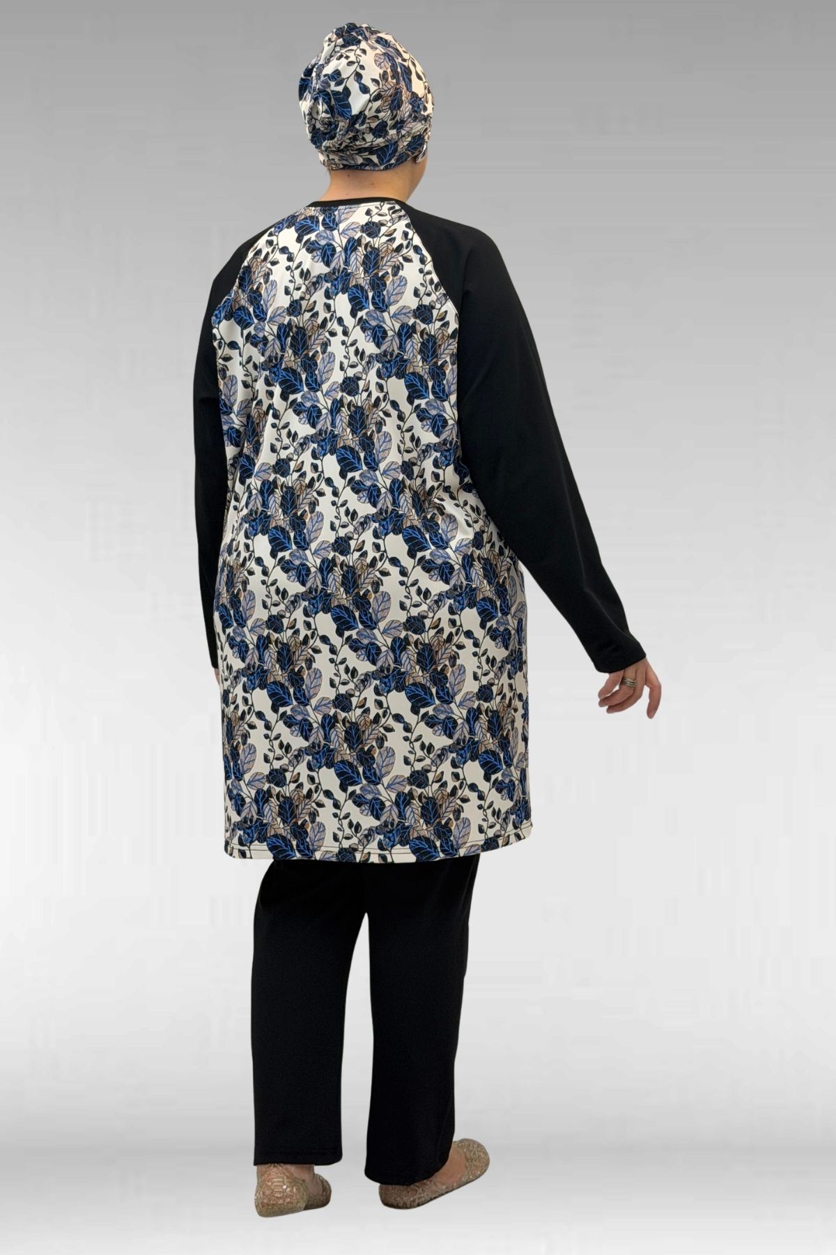 1742 Büyük Beden Uzunkol Tesettür Mayo Takım - Yaprak Desen Mavi