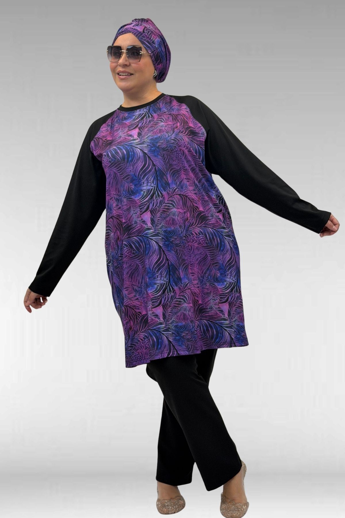 1742 Büyük Beden Uzunkol Tesettür Mayo Takım - Yaprak Desen Mor