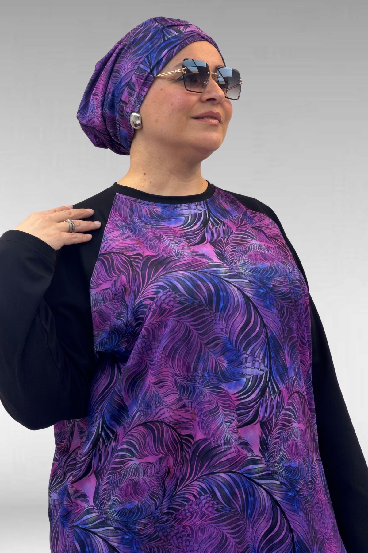 1742 Büyük Beden Uzunkol Tesettür Mayo Takım - Yaprak Desen Mor