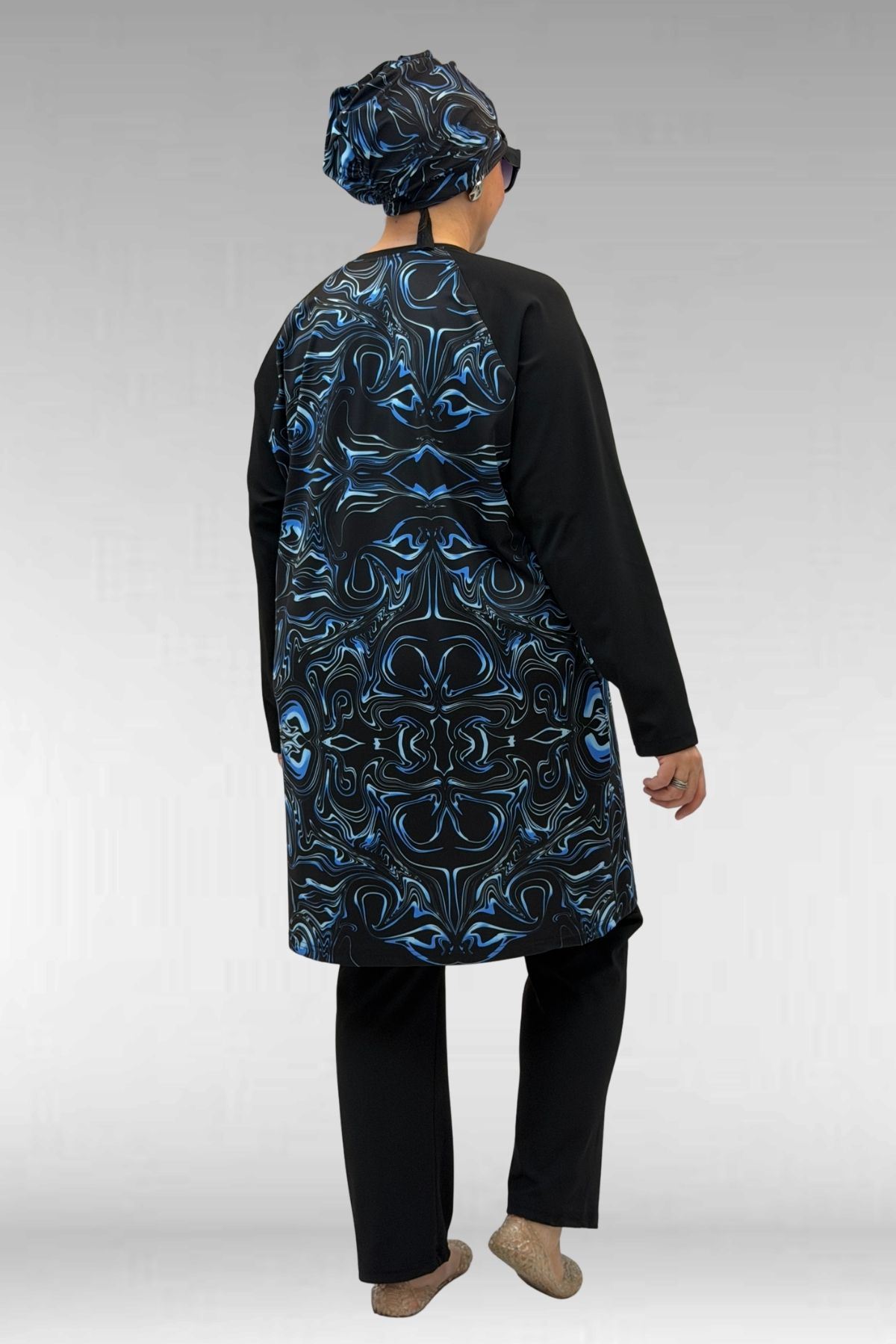 1742 Büyük Beden Uzunkol Tesettür Mayo Takım - Aqua Mavi