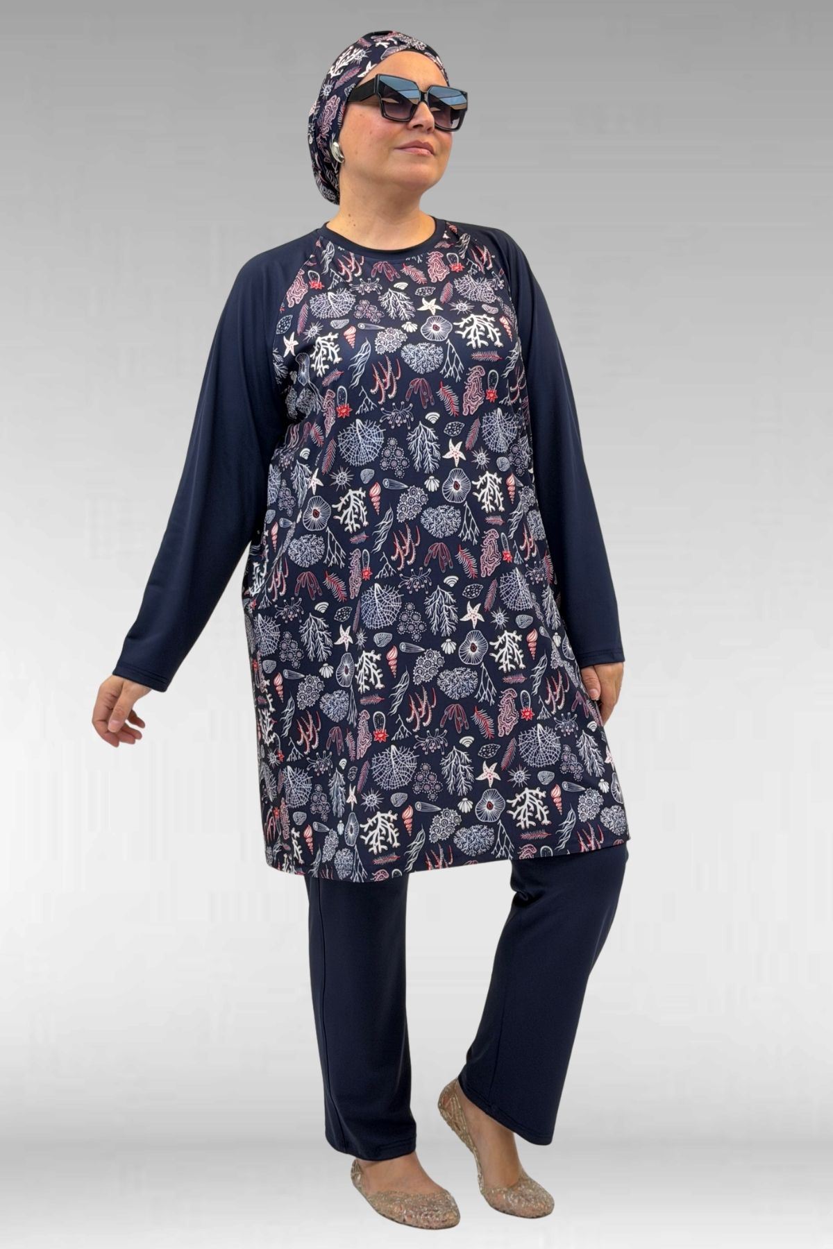 1742 Büyük Beden Uzunkol Tesettür Mayo Takım - Karışık Desen Laci