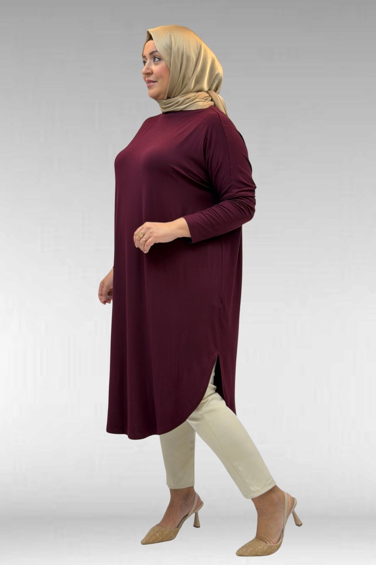 38110  Büyük Beden Düşük Kol Penye Tunik - Bordo