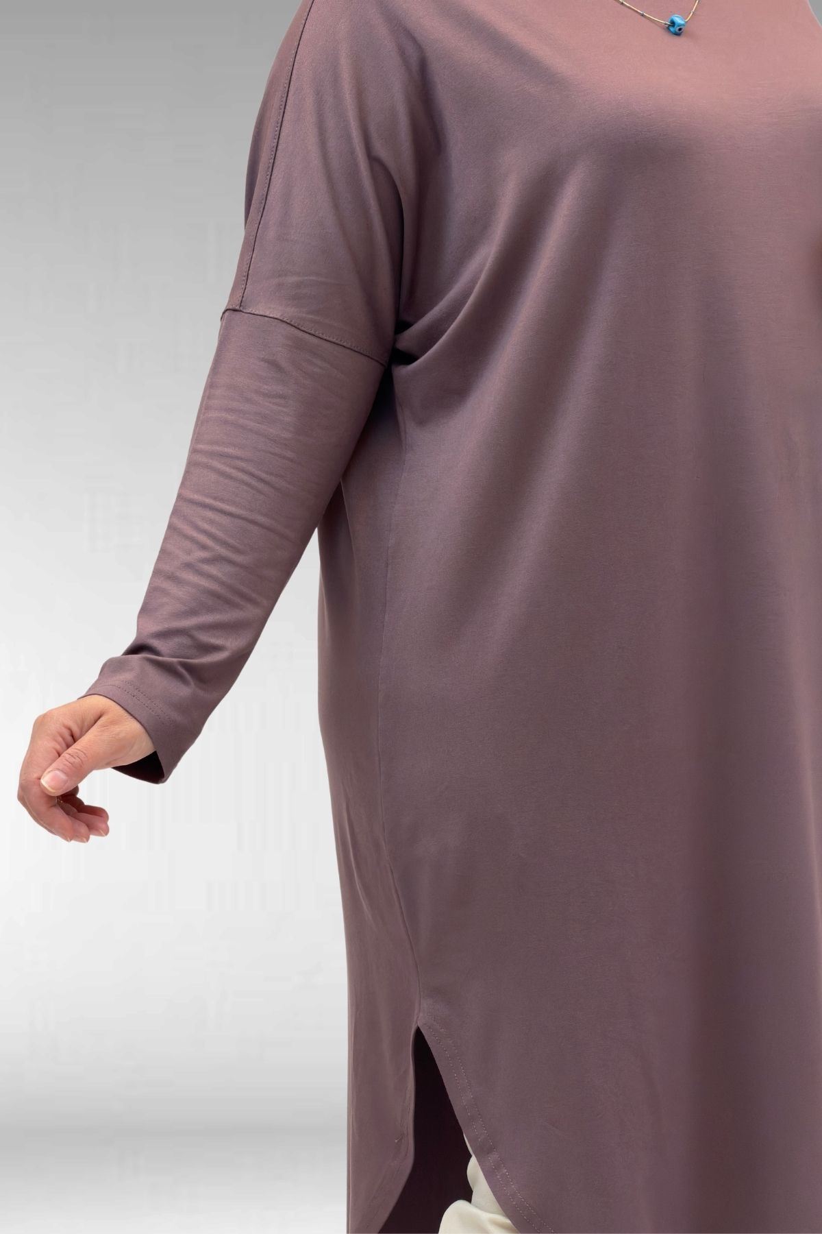 38110  Büyük Beden Düşük Kol Penye Tunik - Vizon