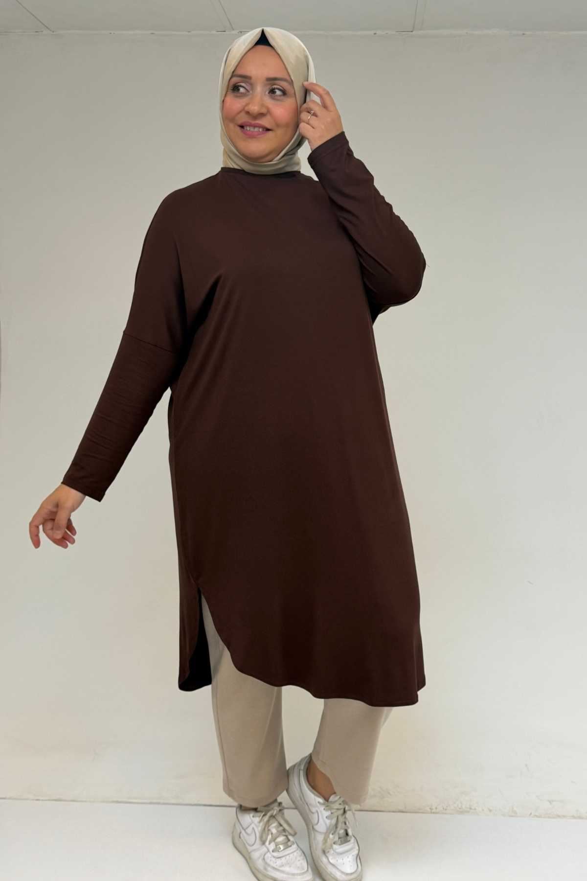 38110  Büyük Beden Düşük Kol Penye Tunik - Kahve