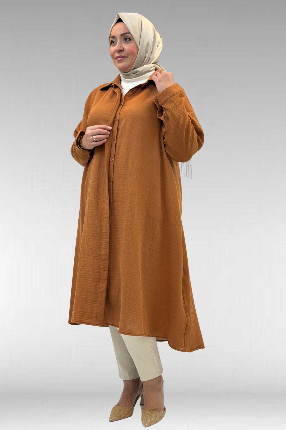 58093 Büyük Beden Mevlana Kesim Müslin Gömlek - Tarçın