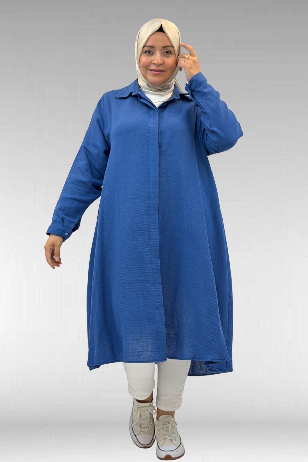 58093 Büyük Beden Mevlana Kesim Müslin Gömlek - İndigo