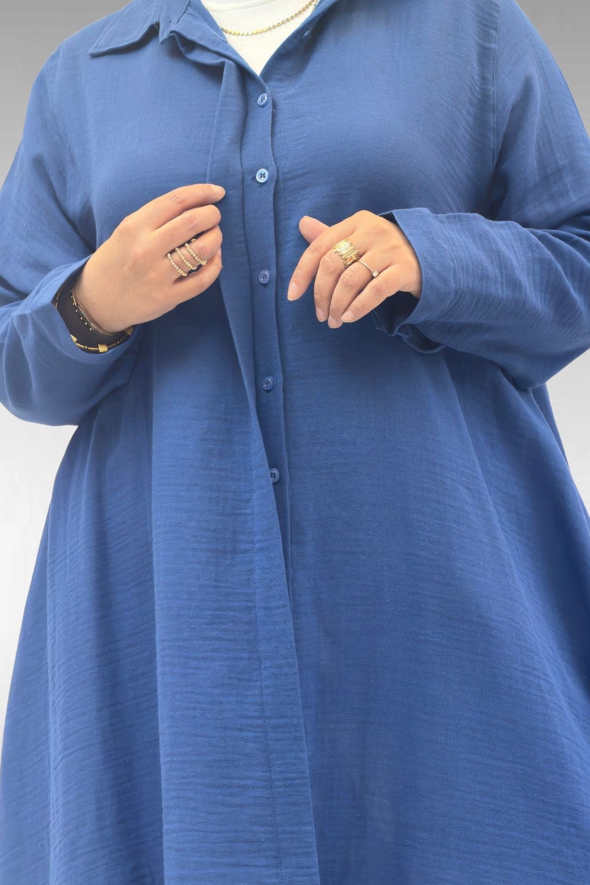 58093 Büyük Beden Mevlana Kesim Müslin Gömlek - İndigo