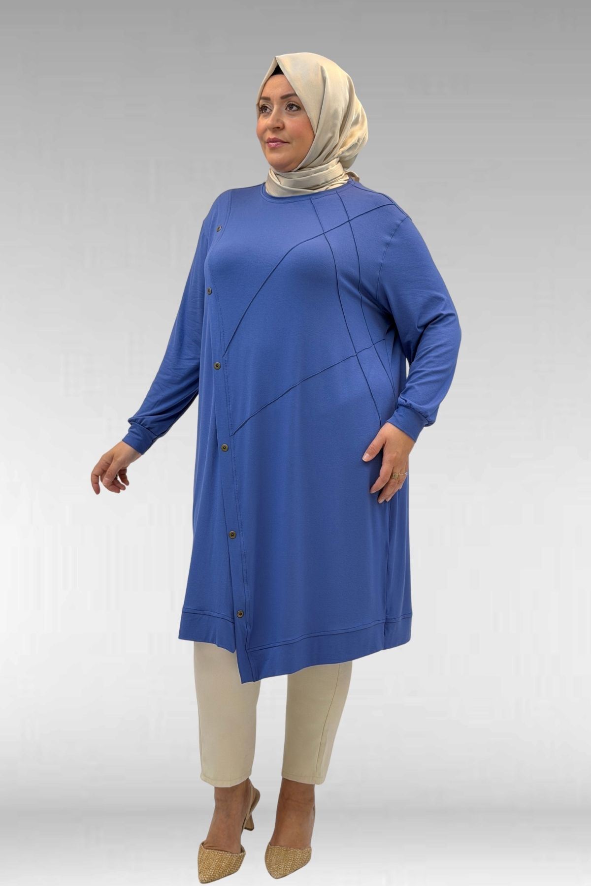 68006 Büyük Beden Pat Üzeri Düğme Detaylı Penye Tunik - İndigo